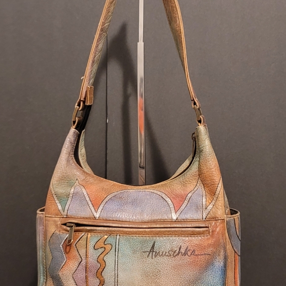 Anushka Hand Painted Leather Hobo Shoulder Bag Geometric Shapes - Picture 4 of 15